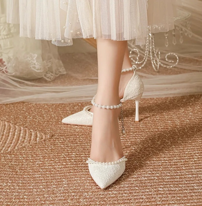 High Heeled Shoes Women's 2025 Summer with A Thin Heel and Pointed Toe A Straight Cut Lace Surface White Pearl Bridal Shoe Women