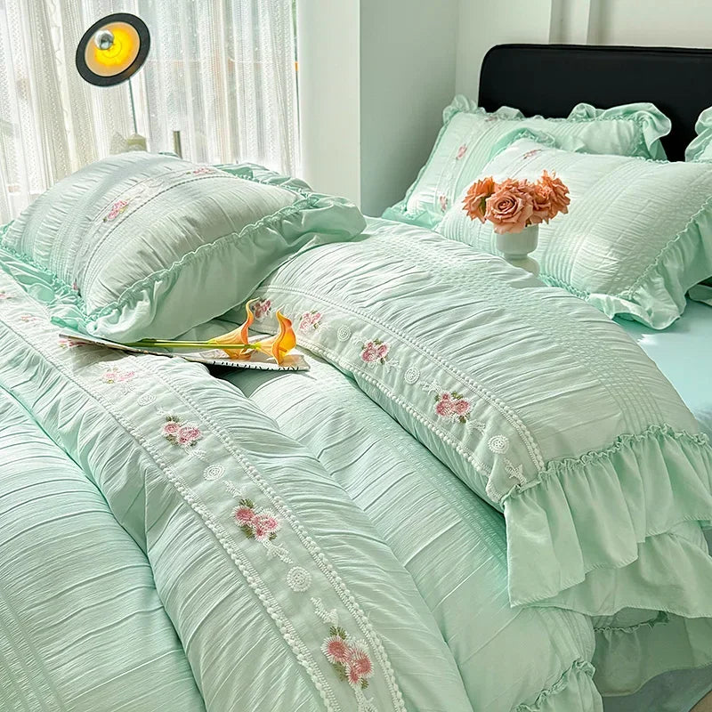 2025 Korean Princess Style Lace Ruffles Wedding Bedding Set Washed Cotton Soft Duvet Cover Set Bed Sheet Pillowcase 3/4Pcs