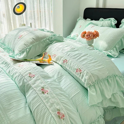 2025 Korean Princess Style Lace Ruffles Wedding Bedding Set Washed Cotton Soft Duvet Cover Set Bed Sheet Pillowcase 3/4Pcs