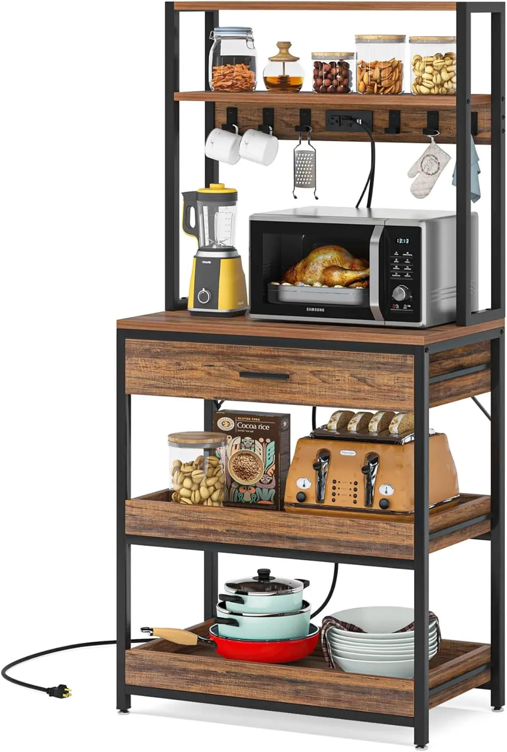 Bakers Rack with Power Outlets, 5-Tier Kitchen Storage Shelf, Microwave Oven Stand with Drawer, 65”H Coffee Bar Table