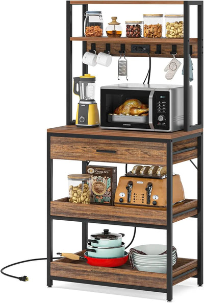 Bakers Rack with Power Outlets, 5-Tier Kitchen Storage Shelf, Microwave Oven Stand with Drawer, 65”H Coffee Bar Table