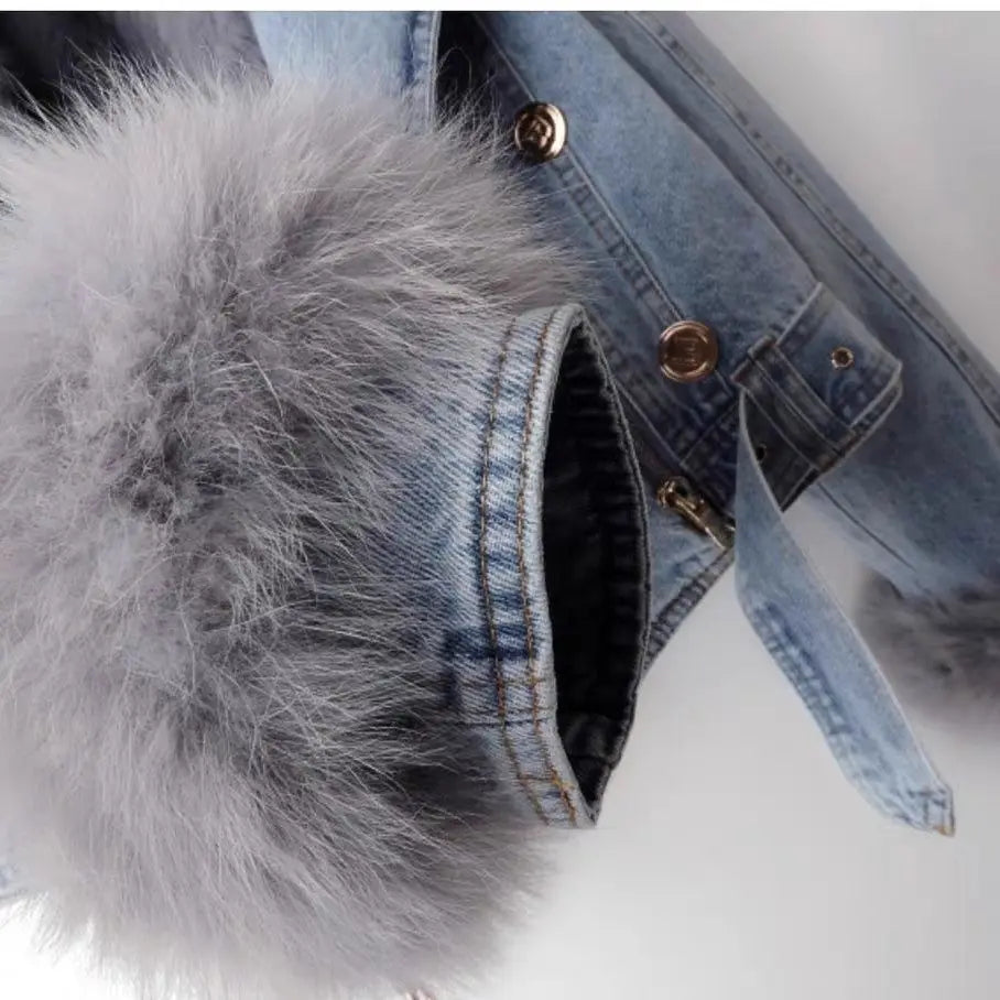 Short Thicken Denim Jacket For women 2025 Autumn Winter Detachable Imitation Fox fur Zipper Denim Coat Female Warm Parker Tops