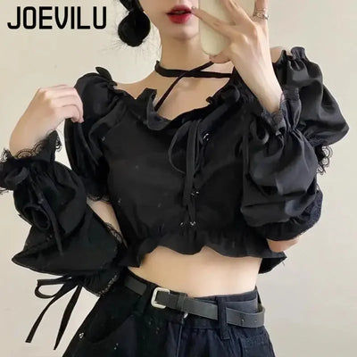 Women's Removable Sleeve T-shirt Drawstring Off Shoulder Crop Top Vintage Shirt Dark Style Harajuku Goth Tee Spring Y2k