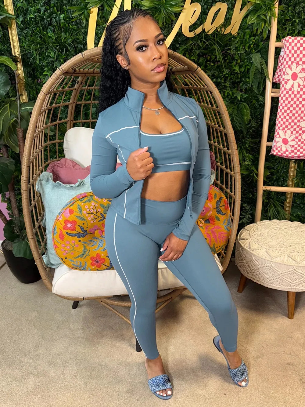 FLARORA Casual Sporty Three Piece Sets Woman Stripe Patchwork Sleeveless Vest+Jacket+Pant Outfits Female Yoga Fitness Tracksuits