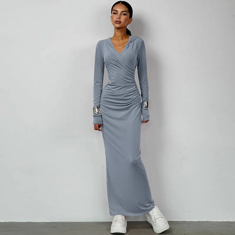Hugcitar Solid Hoodies V Neck Long Sleeve Draped Sexy Slim Maxi Dress 2023 Winter Women Fashion Y2K Outfits Streetwear Party