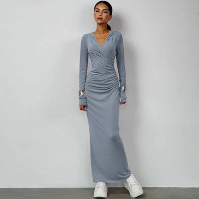 Hugcitar Solid Hoodies V Neck Long Sleeve Draped Sexy Slim Maxi Dress 2023 Winter Women Fashion Y2K Outfits Streetwear Party