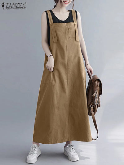 Women Sleeveless Maxi Dress Fashion Workwear Pockets Vestidos 2023 Summer Adjustable Shoulder Straps Dresses Streetwear