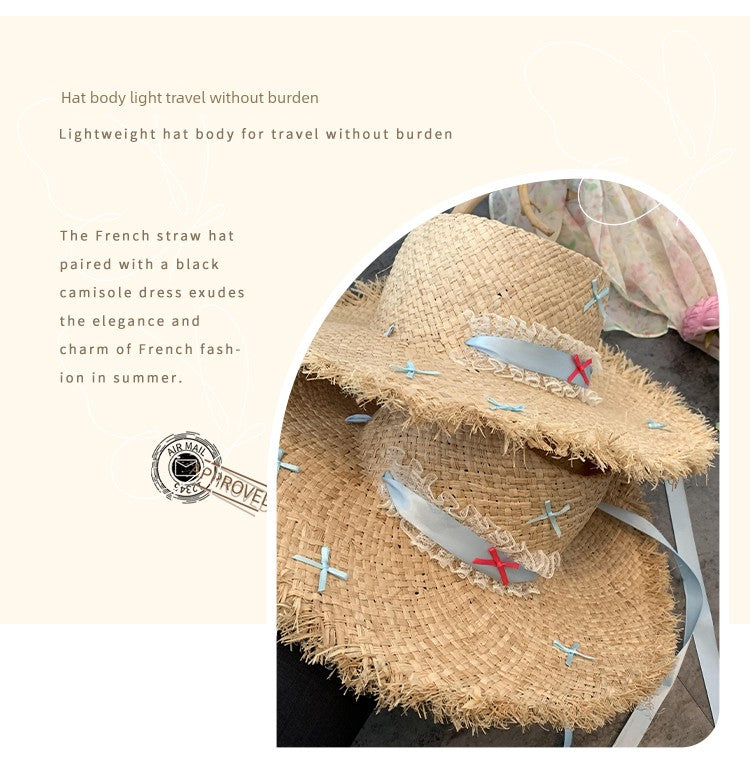 Straw Hat French Flat Top Female Summer Seaside Bows