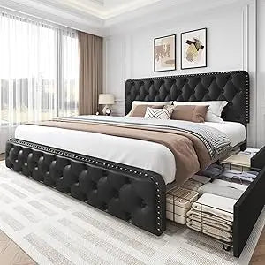 Lifezone Queen Bed Frame with Headboard Faux Leather Upholstered Metal Queen Bed Frame with 4 Storage Drawers, Adjustable Headbo