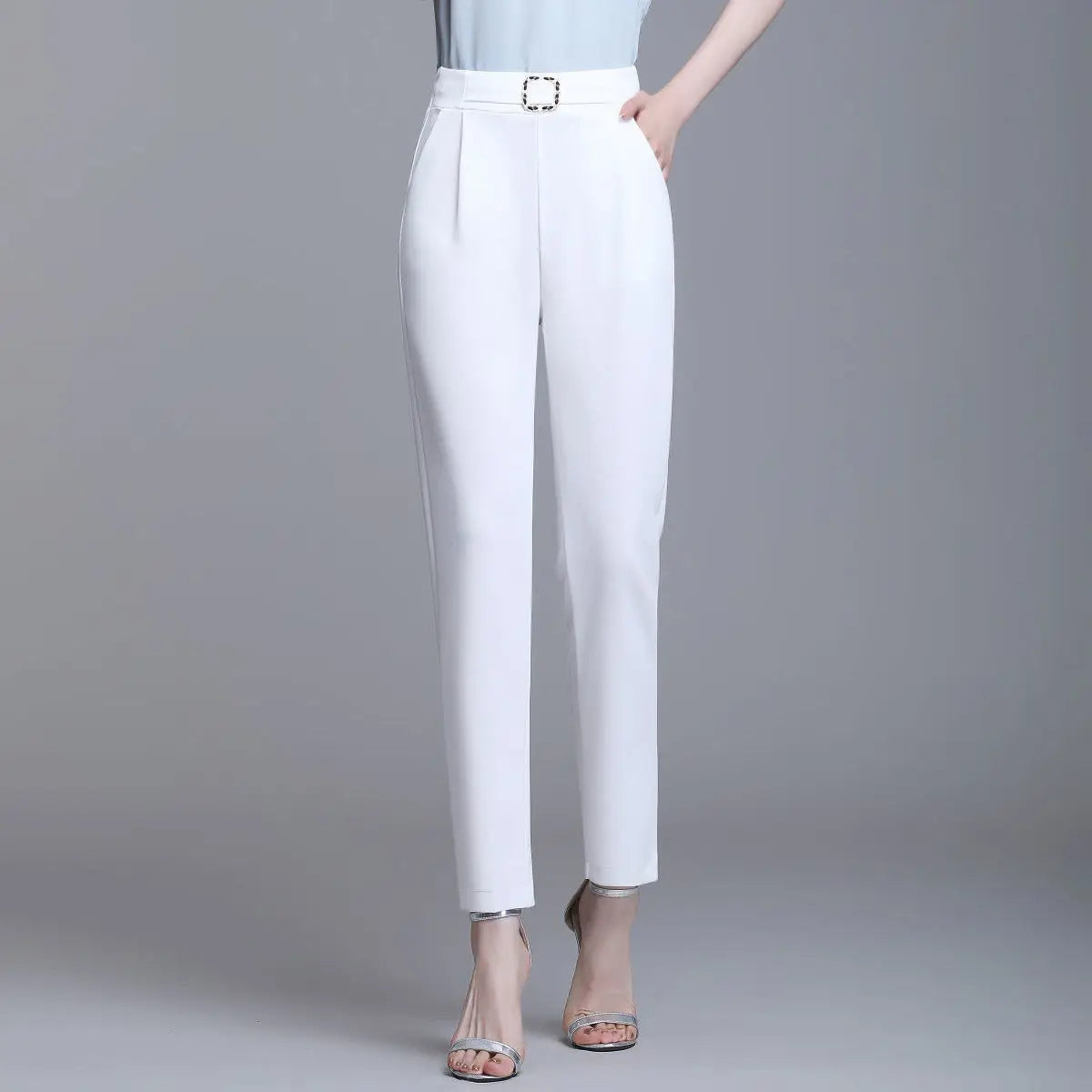 Elegant High Waist Elastic Harem Pants for Women Commuter Casual Capri Pants Fashion Solid Color Pockets Sashes Trousers 4XL