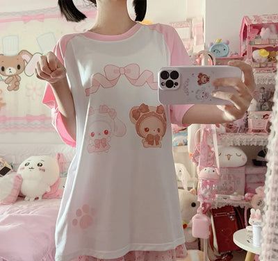 Y2k women clothing Rabbit Cute Pink Kawaii T-shirt Patchwork Short Sleeve Tops 2024 Loose Harajuku Subculture Chic Sweet Tees