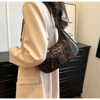 Retro Belt Design PU Leather Shoulder Bags for Women 2024 Y2K Small Vintage Female Underarm Crossbody Bag Fashion Handbags