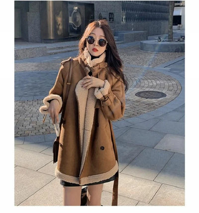 2024 Autumn Winter New Medium Long Double-breasted Lambswool Suede Woolen Coat Women Add Velvet Padded Warm Fur One Woolen Coats