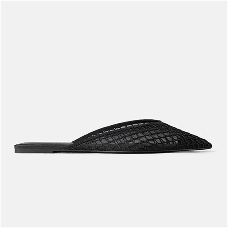 Women's Pointed Toe Slippers 2024 Summer Designer Mesh Beach Flat Shoes Slides Outside Mules Gladiator Sandals Zapatos De Mujer