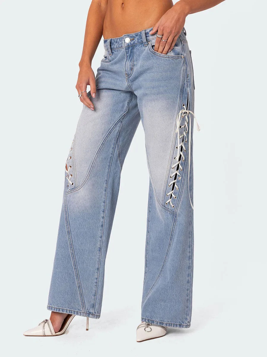 Women's Spring Summer Baggy Pants Mid Waist Loose Side Bandage Wide Leg Denim Pants