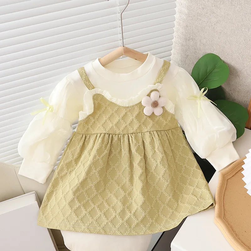 1 2 3 4 5 Years Baby Girls Princess Dress Spring Autumn Patchwork Fake Two Pieces Long Sleeve Dress For Girls Sweet Party Dress