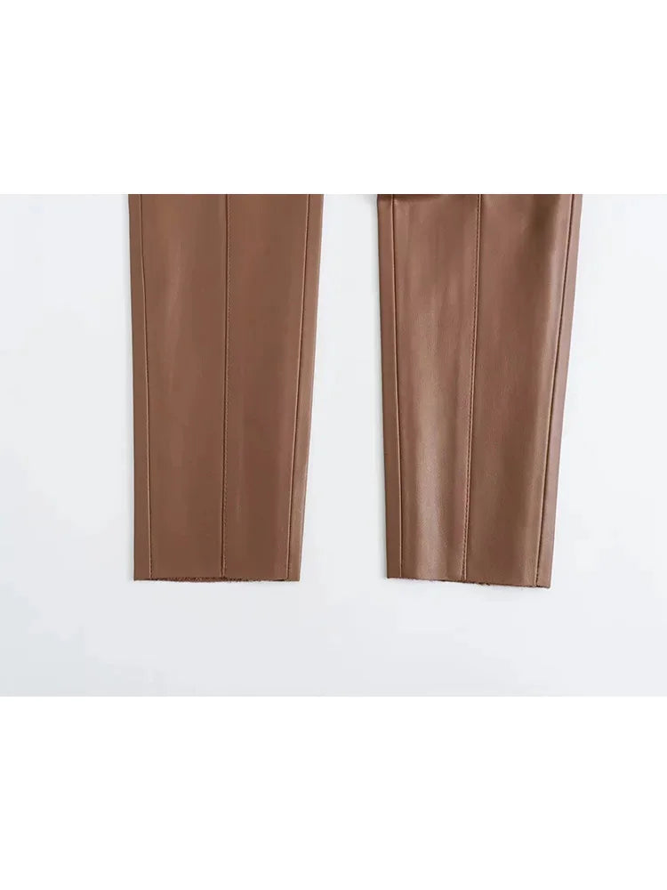 TRAFZA 2024 Women's Faux Leather Pants High Waist Straight Leg Trousers Fashion Female Streetwear Stylish Stretch Pencil Pants