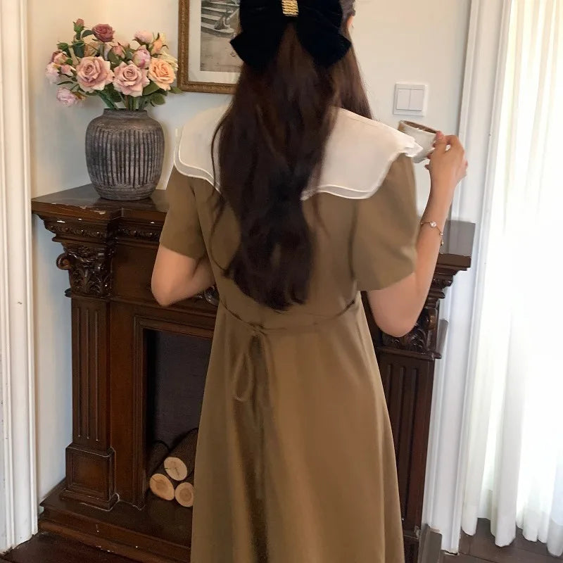 Women Summer Vintage Long Wrapped Dress 2024 New Female Double Layer Ruffled Collar Lacing Up Slim Waist Sundress