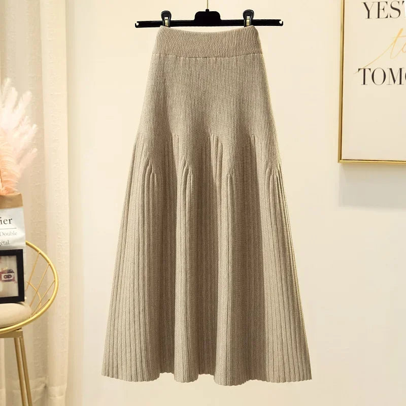 2025 Women's High Waisted Thickened Knitted Skirt Mid-length Wool Skirt All-match A-line Long Skirt Autumn Winter Skirts Female