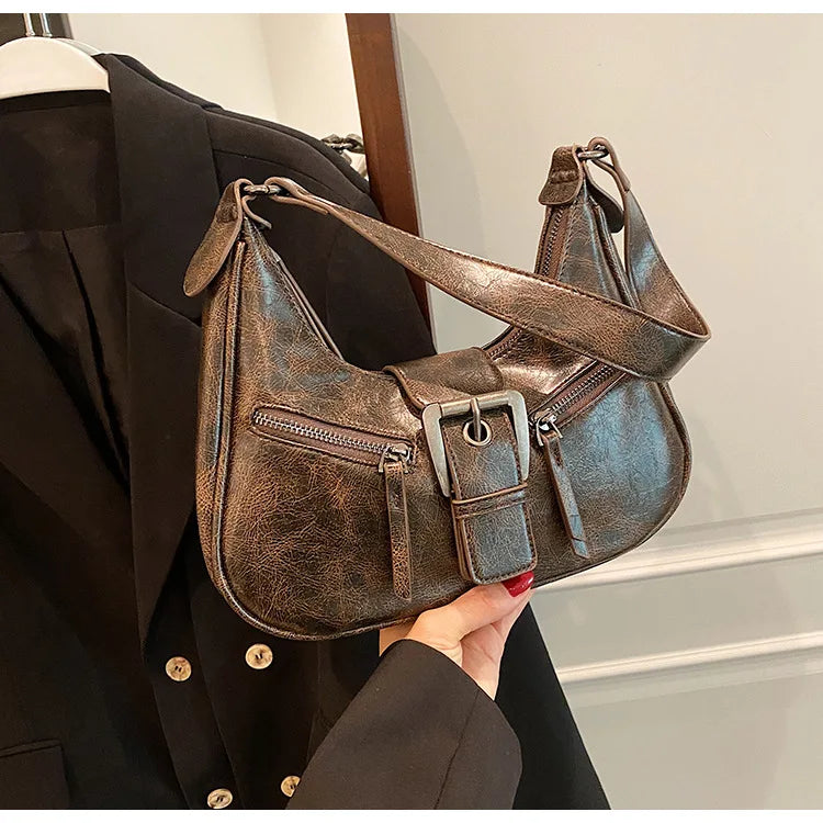 Retro Belt Design PU Leather Shoulder Bags for Women 2024 Y2K Small Vintage Female Underarm Crossbody Bag Fashion Handbags