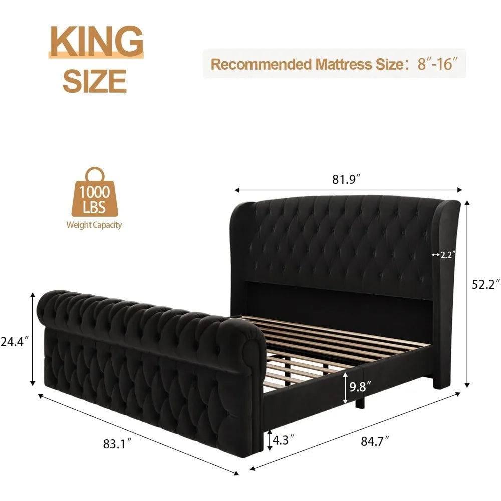 Platform Bed Frame, Chenille Upholstered Sleigh Bed with Scroll Wingback Headboard & Footboard, 52" Tall Headboard
