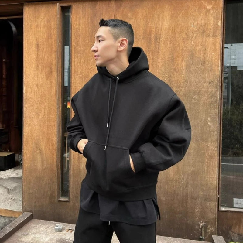 Hooded Sweatshirt Men's Autumn Winter Velvet Two-piece Set American Oversize Loose Casual Sweatpants Suit Aesthetic Streetwear