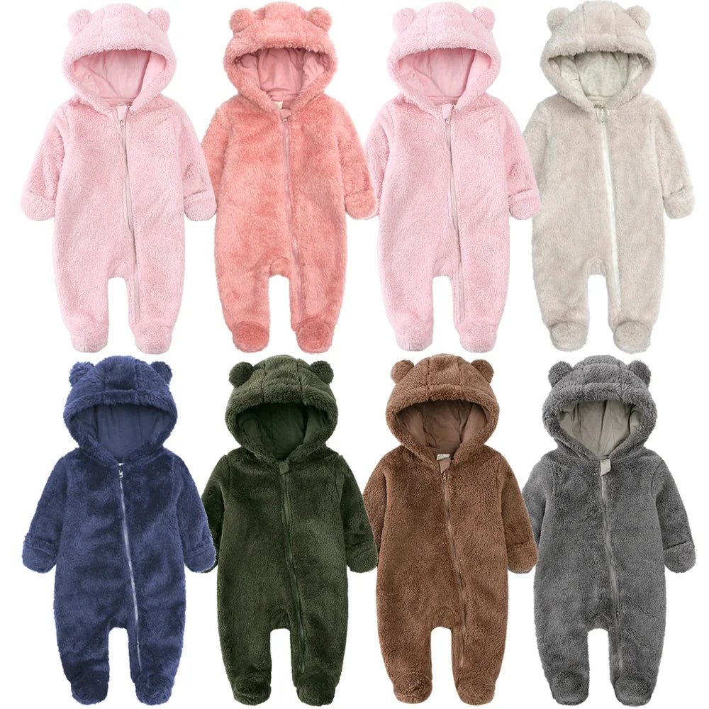 2025 Baby Winter Thick Romper Cotton Warm Long Sleeve Girl Jumpsuit Clothes 0-24M Newborn Boy Bear Fleece Hooded Pyjamas