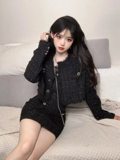 Korean Fashion Short Coat Autumn/Winter New Strap Camisole Dress Wrap Hip Slim Mini Dress Spicy Girl Two Piece Set Women Outfits