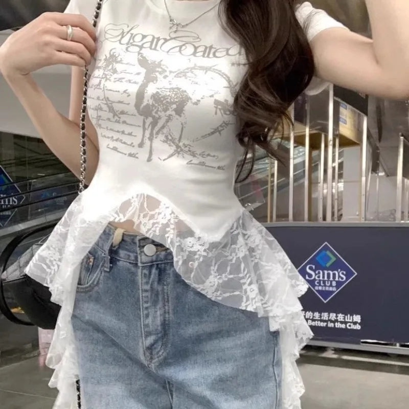 Y2K Brand Cute Deer Graphic Crop Top White Lace Ruffles Tassels Skirt T-shirts Punk Hip Hop E-girl Sexy Club Summer Tees Casual