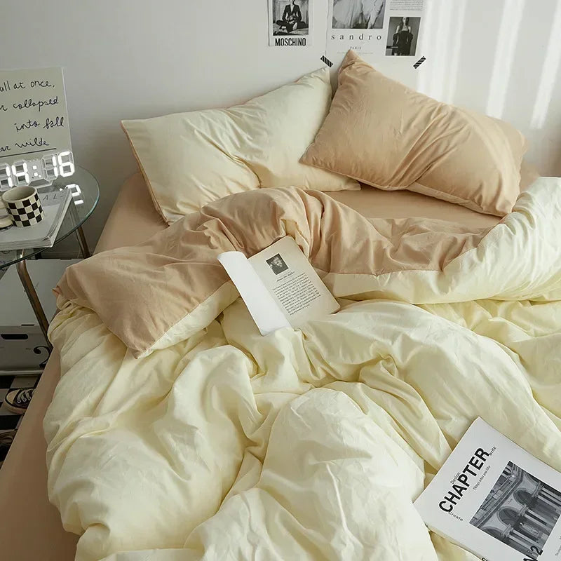 High Quality  Solid Color Double Washed Cotton Bedding 4 Pieces Set Student Dormitory Bed Linen Duvet Set Bed Suit