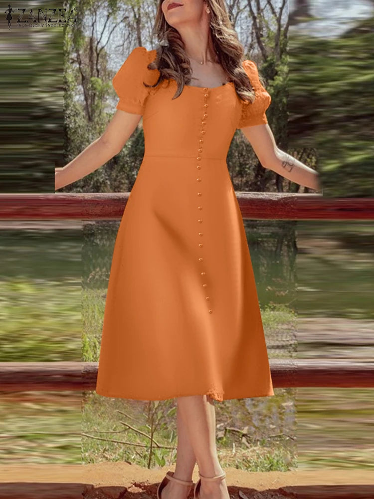 2025 ZANZEA Holiday Vestidos Women Summer Dress Fashion Elegant Square Neck Puff Sleeve Work Midi Dresses Stylish Party Sundress