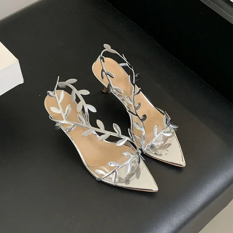 2025 Summer Ladies High Heels Fashion Pointed Leaf Gold Silver High Heel Sandals Women Party Wedding Shoes