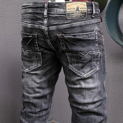 Retro Black Gray Slim Fit Ripped Jeans