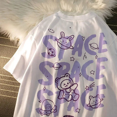 Women T-Shirt Print Bear Graffiti Short Sleeved Space Oversized T-shirt Loose Retro Harajuku Style Couple Shirt Tops Y2k