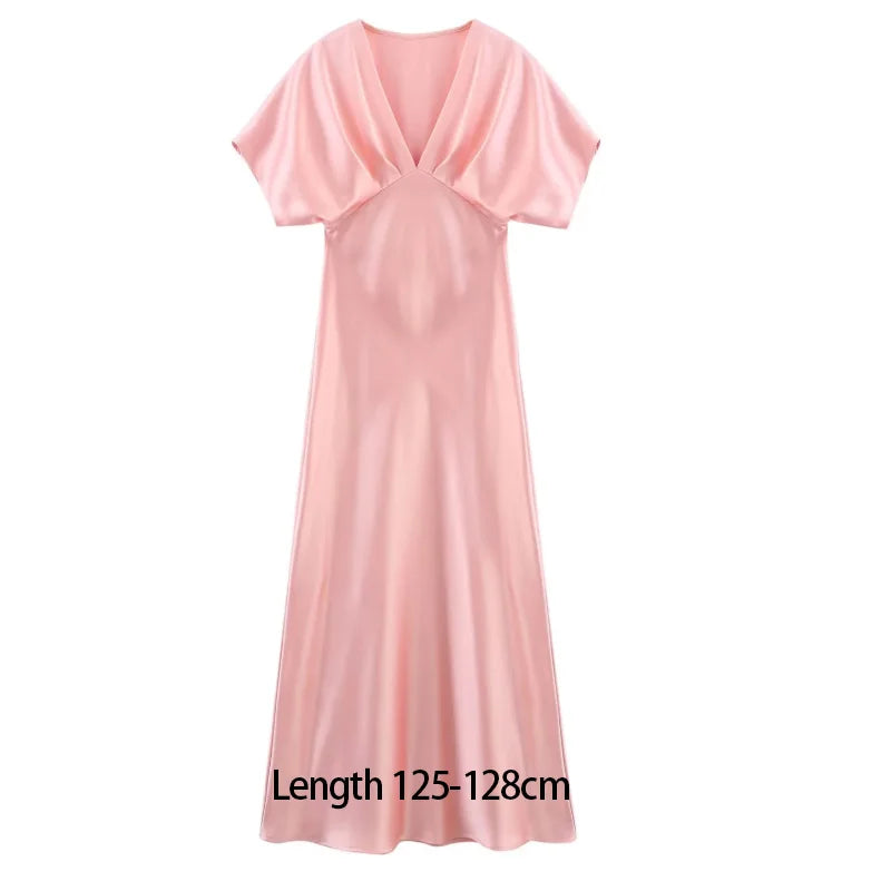 TRAF 2025 Woman Fashion Silk Texture Midi Dress Casual Slim Short Sleeve V Neck Midi Long Dresses Vestidos Mujer