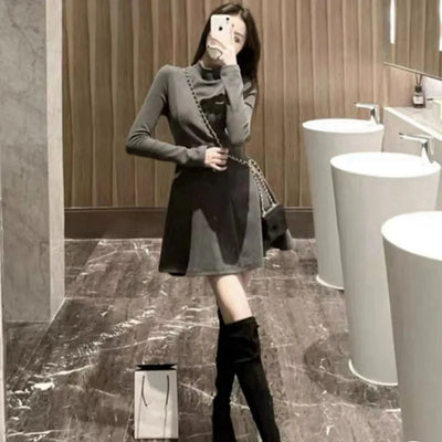 Xpqbb Women Elegant Waist-Tight Mini Dress 2025 Autumn Winter Long Sleeve Slim Dresses Woman Korean Fashion Party Pleated Dress