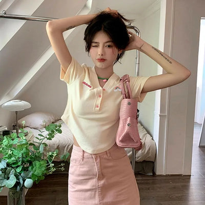 Women's Slim Short-sleeved T-shirt Sexy Pure Desire Wind Spice Girls V-neck Tops Cotton Summer Slim Chic Short Comfortable Top