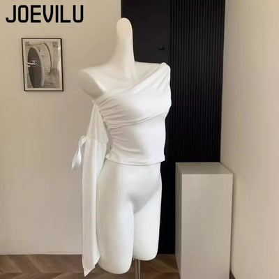 2025 New Sexy Off Shoulder Tops Women Ruffle Sleeve Asymmetric Slim Fit Short Sleeve T-Shirt Y2K Summer Fashion Elegant Clothes