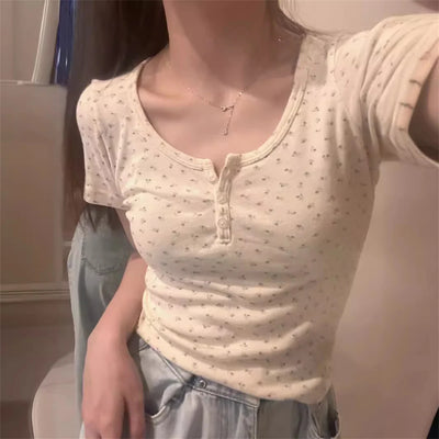 Y2k Short sleeve Sexy U Collar Floral Print Lace Slim T-shirt 2025 Summer Women Clothing Floral Slim Shirt Button T-shirt Top