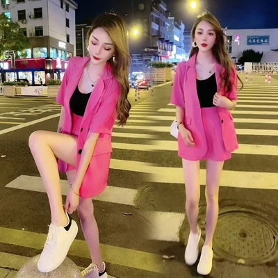 Women's 2025 New Summer High-end Fashion Outfits And Suit Collar Short Sleeve Solid Coat Pop Shorts Two Piece Set Women Clothing