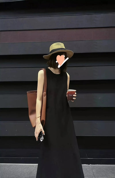 Hebe Style French Sleeveless Hollow out Vest Unique Elegant Black Summer Long Dress Women Backless Dress round Neck Ankle-length