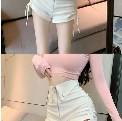 Women's High Waist White Shorts  Summer Spice Girls Drawstring A-line Short Hot Pants  Trendy Lace Up Zip Up Button Down Shorts