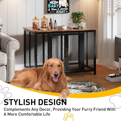 48" Flip Top Dog Crate Furniture Large Dog Kennel with 2 Doors Metal Dog Cage End Table Dog Furniture for Large Medium Small Dog