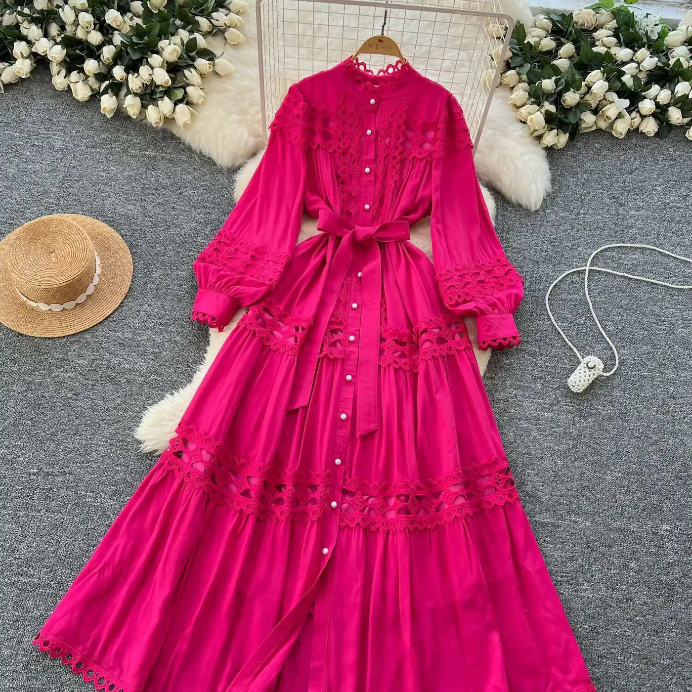Elegant Long Maxi Hollow Out Dress Shirt Women Summer Autumn Palace Retro Pearl Button Embroidery Crochet Evening Party Vestidos