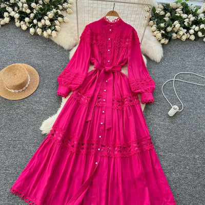 Elegant Long Maxi Hollow Out Dress Shirt Women Summer Autumn Palace Retro Pearl Button Embroidery Crochet Evening Party Vestidos