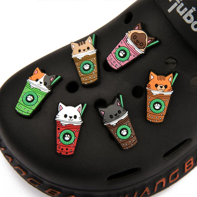 1pc Cute Cartoon Cat Coffee Cup PVC Shoe Charms Buckle Clogs Accessories for Girls Sandals Decoration Kids Gift