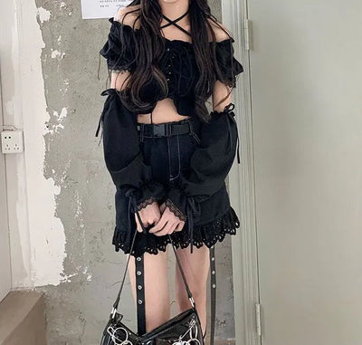 Women's Removable Sleeve T-shirt Drawstring Off Shoulder Crop Top Vintage Shirt Dark Style Harajuku Goth Tee Spring Y2k