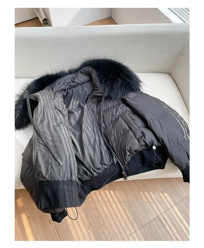 Fashionable Women's Winter Down Jacket Cropped Fox Fur Collar High End 90% White Duck Feather Coat Thick Long Sleeves