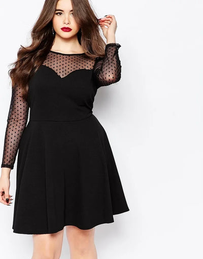 Plus Size Elegant A-line Dress Women Dot Print Long Mesh Sleeve Spring Autumn Fit And Flare Knee Length Office Party Dress 6XL