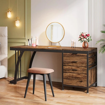 Vanity Desk with 3 Drawers, 59-Inch Large Dressing Table with Reversible Drawers, Chic Makeup Desk(Rustic Brown) (Only Desk)